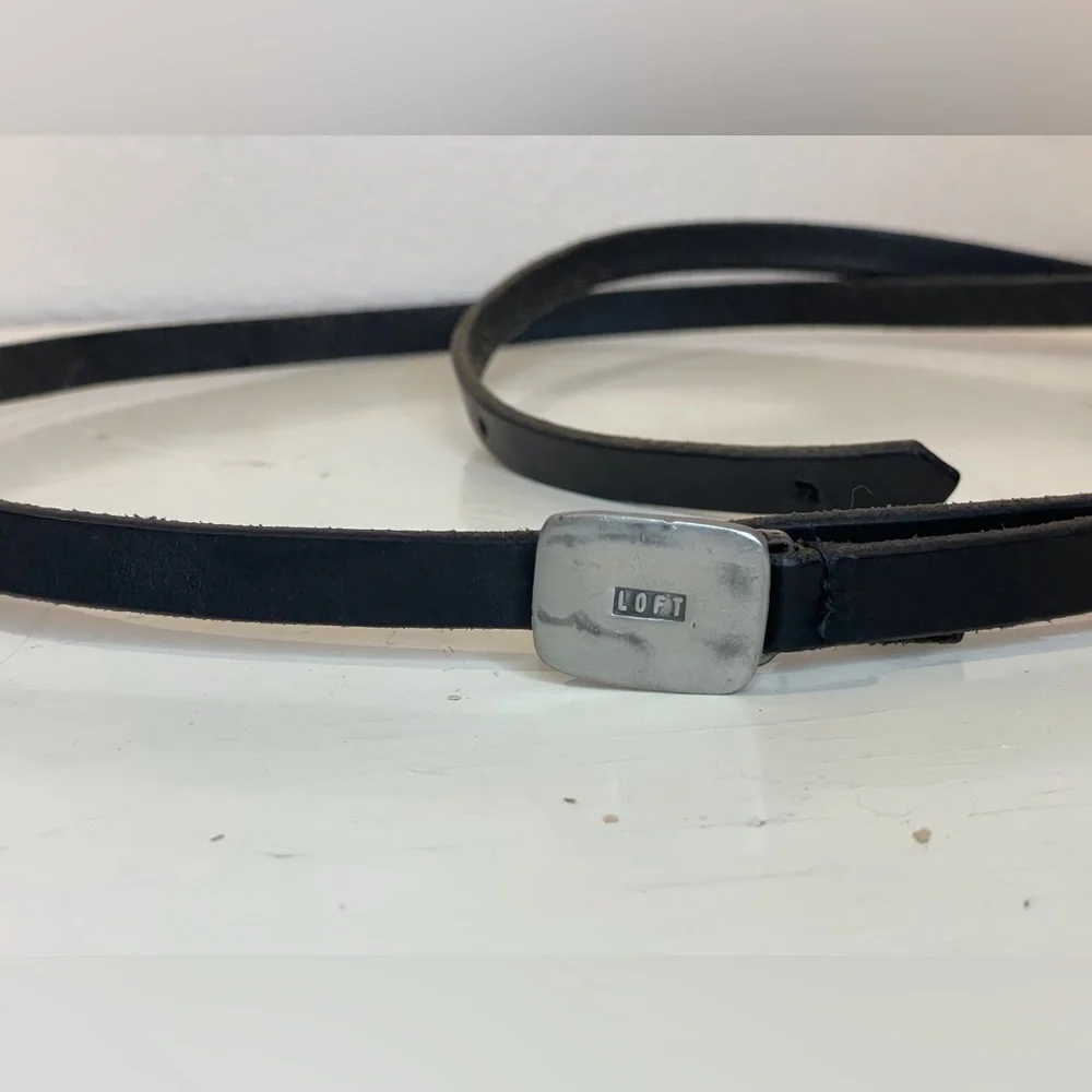 LOFT Women’s Vintage Black Leather Long Belt with Silver Buckle Size 32”/34”